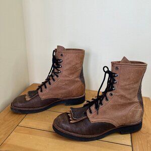 Brahma Leather Lace-Up Boots Roper Western Kiltie Fringe Two-Tone Brown